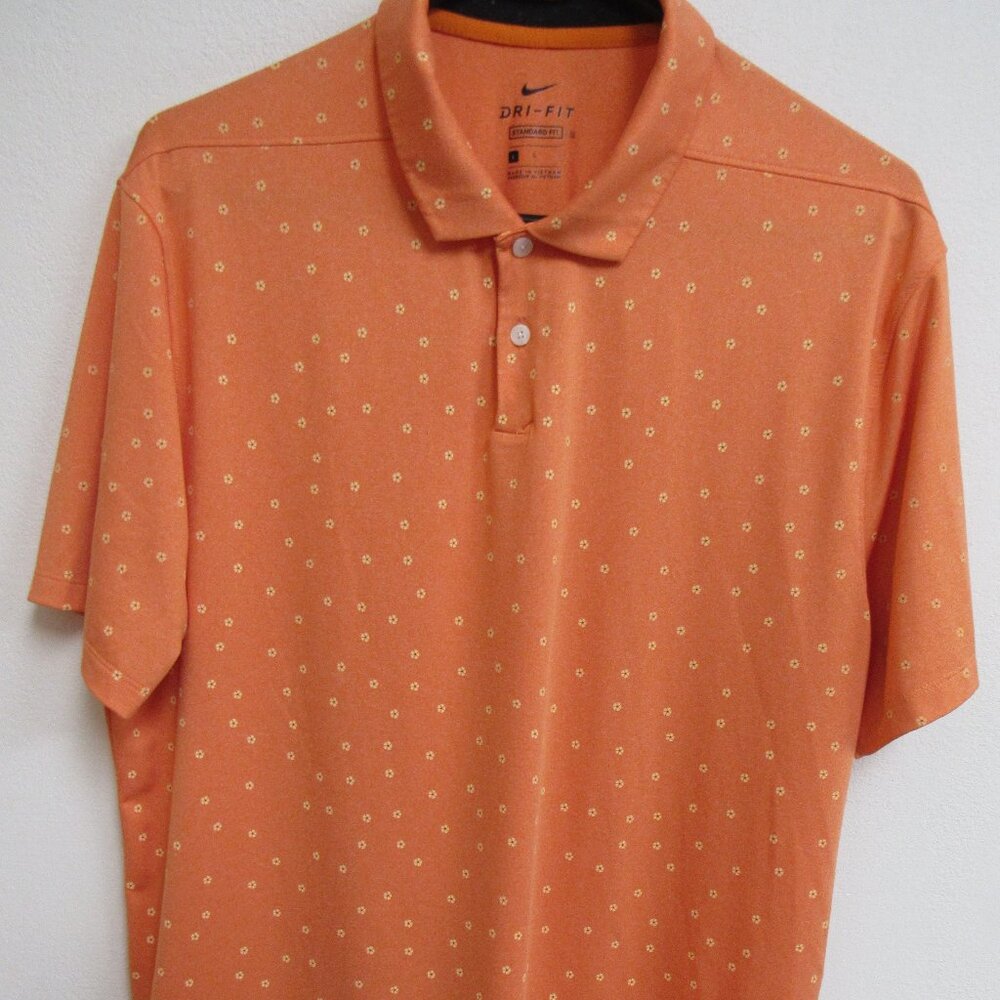 Nike Dri-Fit Standard Fit‎ Orange Floral Pattern S/S Golf Polo Shirt Large